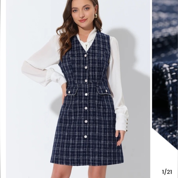 V Neck Button Down Pockets Vintage Sleeveless Plaid Tweed Dress - Picture 2 of 9